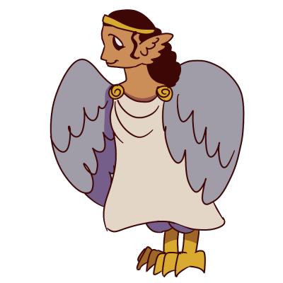 an AAC symbol of a smiling siren with tan skin and dark hair. she is wearing a chiton and a gold band around her head and has gray wings instead of arms, and bird's feet.